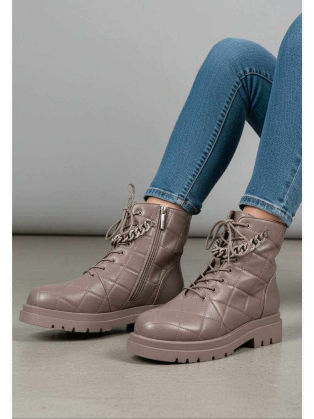 Taupe Quilted Combat Boots Lace Up Chain Detail Lug Sole Ankle Boots